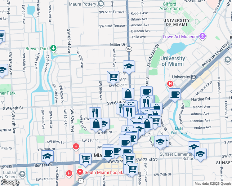 map of restaurants, bars, coffee shops, grocery stores, and more near 5800 Southwest 62nd Terrace in Miami