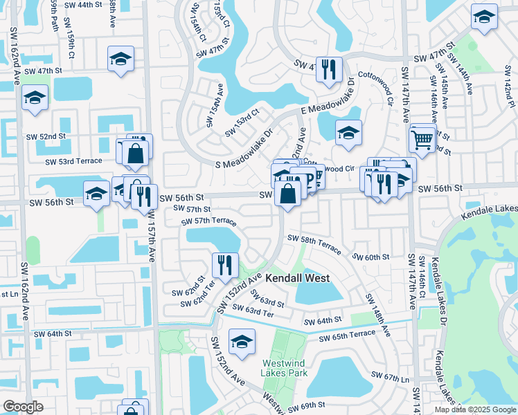 map of restaurants, bars, coffee shops, grocery stores, and more near 15270 Southwest 56th Terrace in Miami