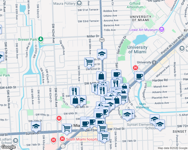 map of restaurants, bars, coffee shops, grocery stores, and more near 5800 Southwest 62nd Terrace in Miami