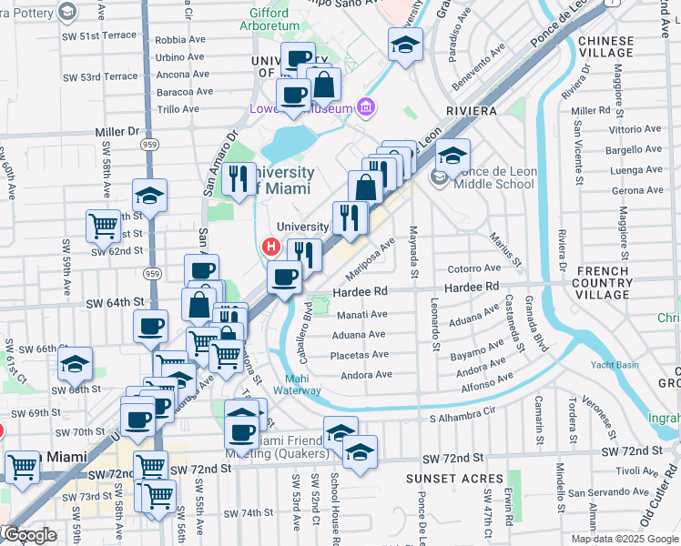 map of restaurants, bars, coffee shops, grocery stores, and more near 21 Madruga Avenue in Coral Gables