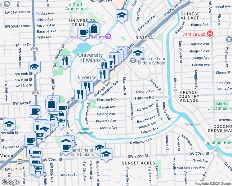map of restaurants, bars, coffee shops, grocery stores, and more near 6009 Turin Street in Coral Gables