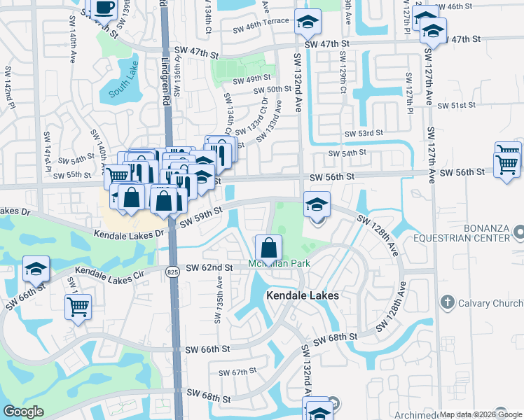 map of restaurants, bars, coffee shops, grocery stores, and more near 5909 Southwest 133rd Court in Miami