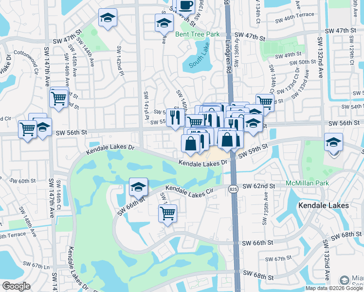 map of restaurants, bars, coffee shops, grocery stores, and more near 13916 Southwest 56th Lane in Miami