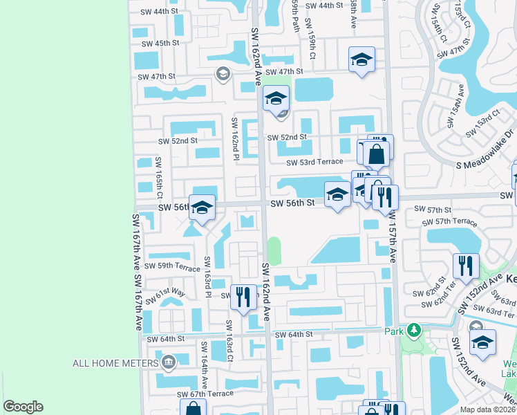 map of restaurants, bars, coffee shops, grocery stores, and more near 16213 Southwest 56th Terrace in Miami