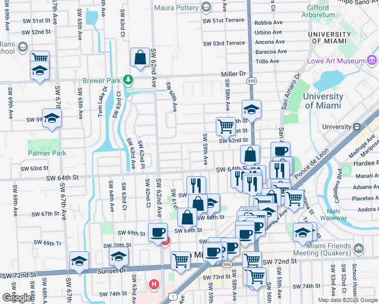 map of restaurants, bars, coffee shops, grocery stores, and more near 5928 Southwest 62nd Terrace in South Miami