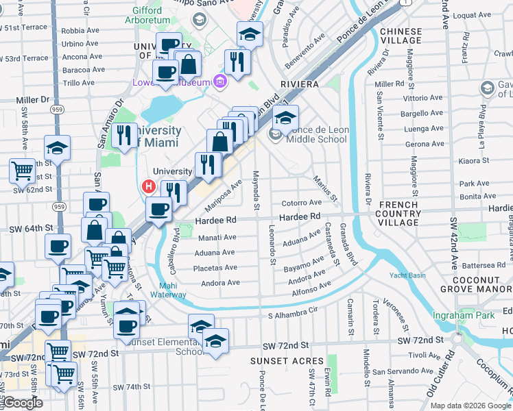 map of restaurants, bars, coffee shops, grocery stores, and more near 6009 Turin Street in Coral Gables