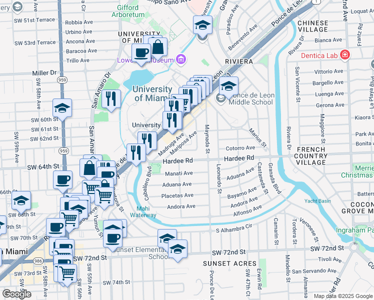 map of restaurants, bars, coffee shops, grocery stores, and more near 1127 Cotorro Ave in Coral Gables