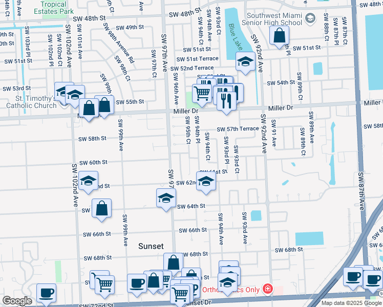 map of restaurants, bars, coffee shops, grocery stores, and more near 5921 Southwest 95th Court in Miami