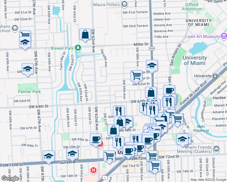 map of restaurants, bars, coffee shops, grocery stores, and more near 6017 Southwest 62nd Terrace in South Miami