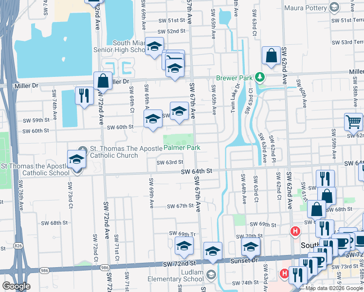 map of restaurants, bars, coffee shops, grocery stores, and more near 6100 Southwest 67th Avenue in South Miami