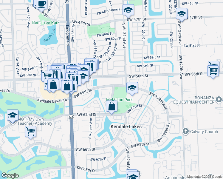 map of restaurants, bars, coffee shops, grocery stores, and more near 5909 Southwest 133rd Court in Miami