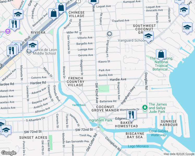 map of restaurants, bars, coffee shops, grocery stores, and more near 4151 Hardie Avenue in Miami
