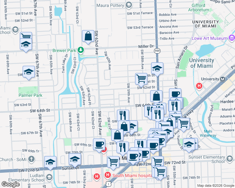map of restaurants, bars, coffee shops, grocery stores, and more near 6017 Southwest 62nd Terrace in South Miami