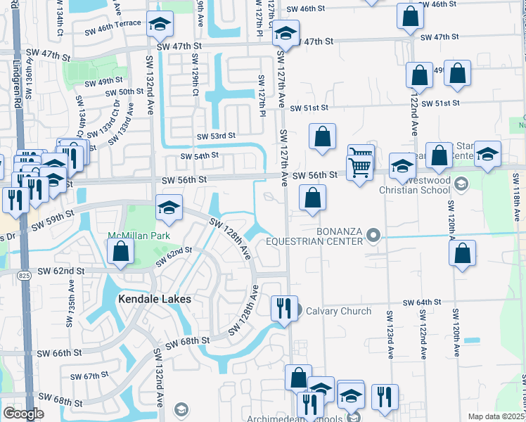 map of restaurants, bars, coffee shops, grocery stores, and more near 5900 Southwest 127th Avenue in Kendale Lakes