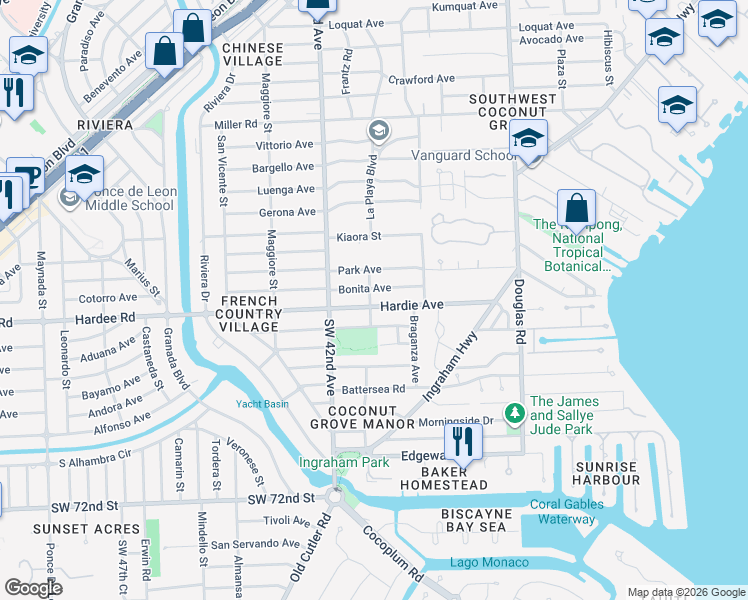 map of restaurants, bars, coffee shops, grocery stores, and more near 4095 Hardie Avenue in Coconut Grove