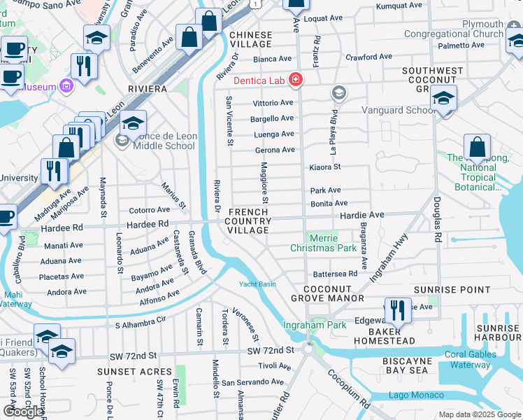 map of restaurants, bars, coffee shops, grocery stores, and more near 6110 Maggiore Street in Coral Gables