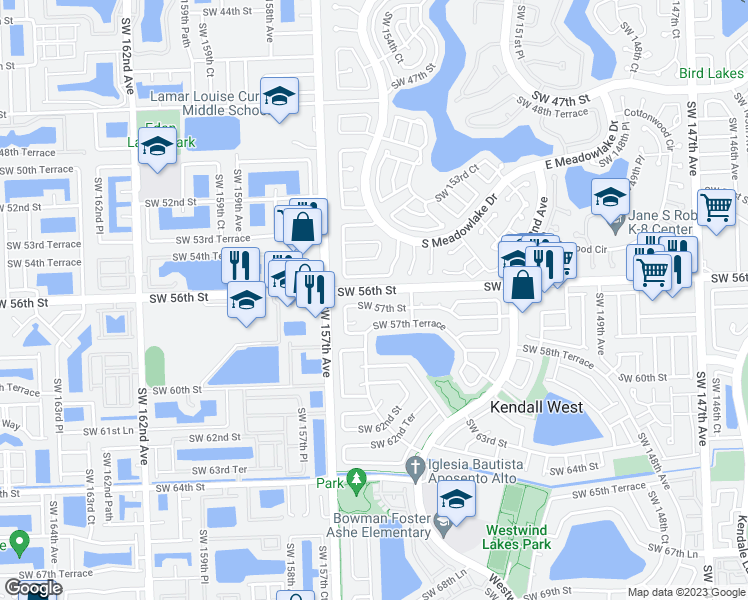 map of restaurants, bars, coffee shops, grocery stores, and more near 15535 Southwest 57th Street in Miami