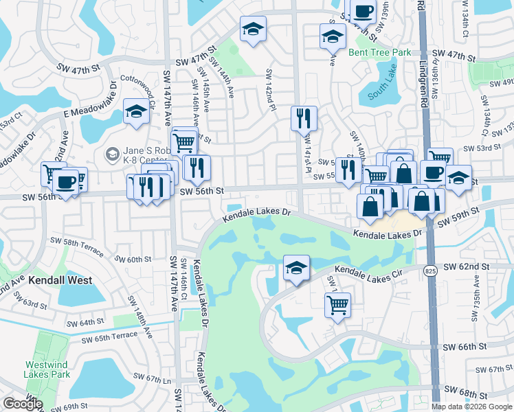 map of restaurants, bars, coffee shops, grocery stores, and more near 14305 Southwest 57th Lane in Miami
