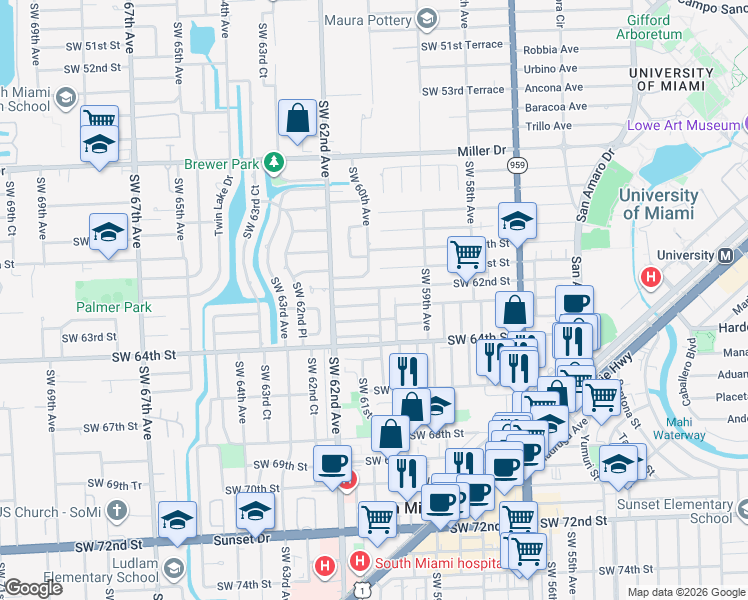 map of restaurants, bars, coffee shops, grocery stores, and more near 6017 Southwest 62nd Terrace in South Miami