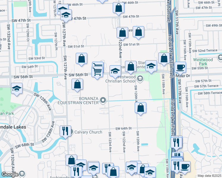 map of restaurants, bars, coffee shops, grocery stores, and more near 5775 Southwest 123rd Avenue in Miami