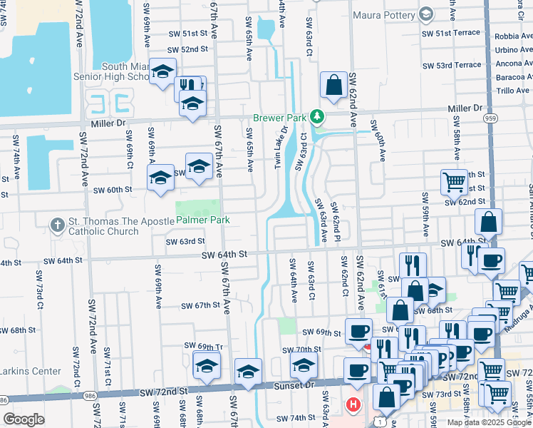 map of restaurants, bars, coffee shops, grocery stores, and more near 6151 Southwest 64th Avenue in South Miami