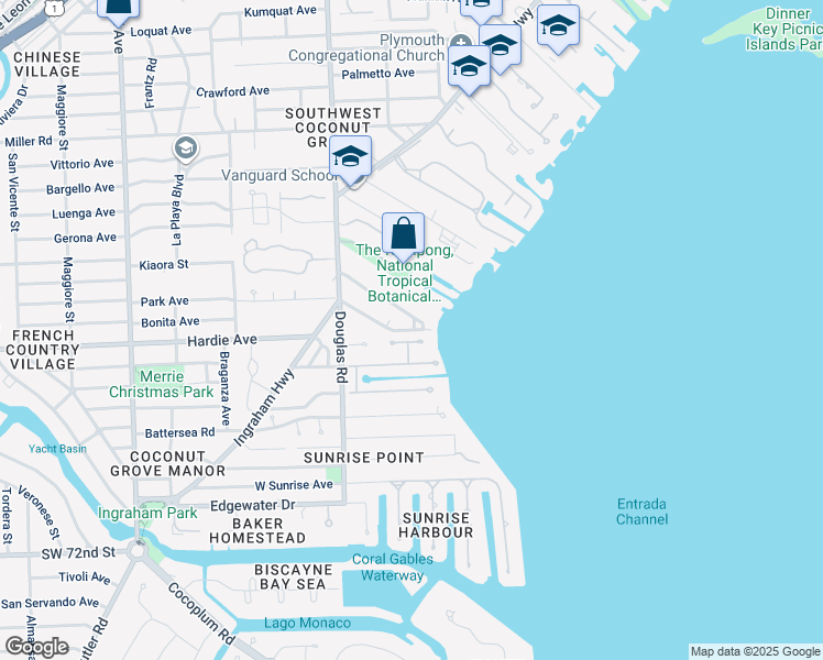 map of restaurants, bars, coffee shops, grocery stores, and more near South Bayhomes Drive in Miami