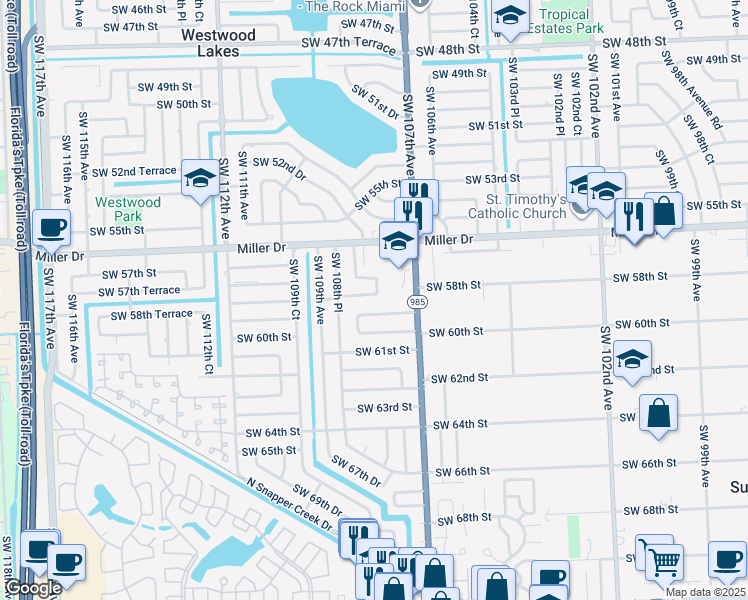map of restaurants, bars, coffee shops, grocery stores, and more near 10780 Southwest 58th Terrace in Miami