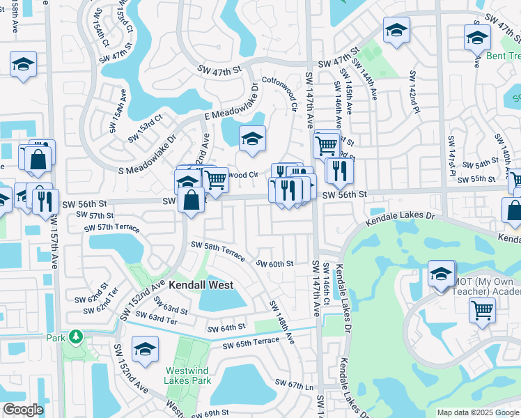 map of restaurants, bars, coffee shops, grocery stores, and more near 14844 Southwest 56th Terrace in Miami