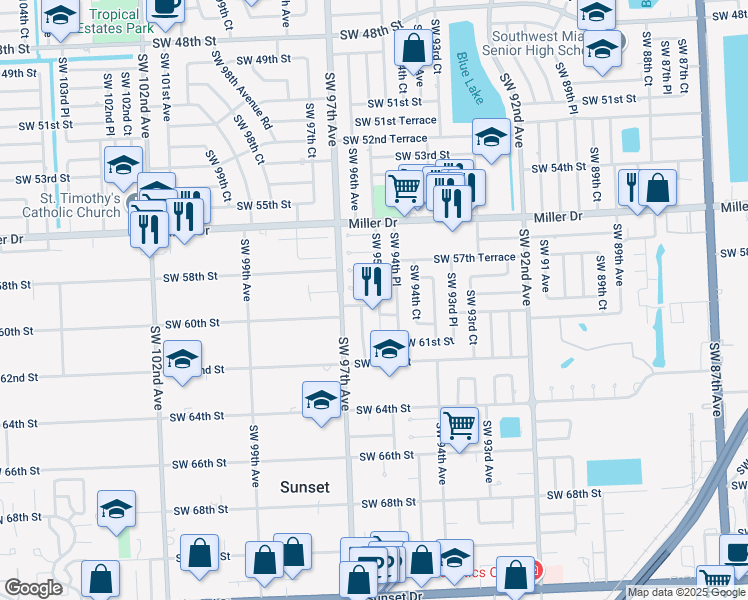 map of restaurants, bars, coffee shops, grocery stores, and more near 5921 Southwest 95th Court in Miami