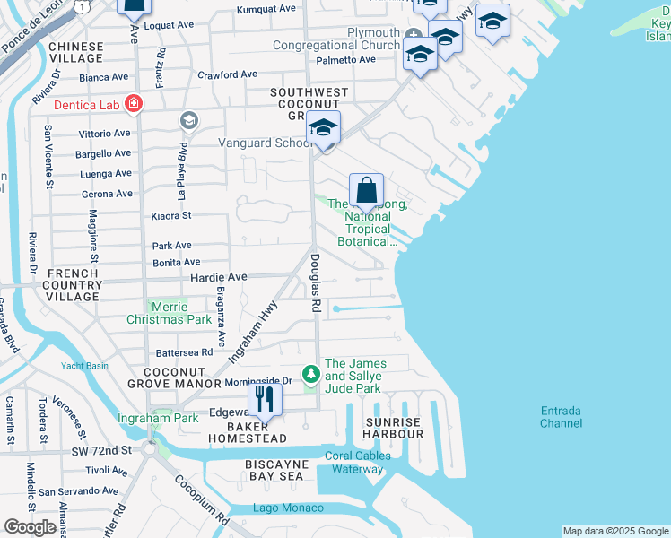 map of restaurants, bars, coffee shops, grocery stores, and more near 3650 Klebba Lane in Miami