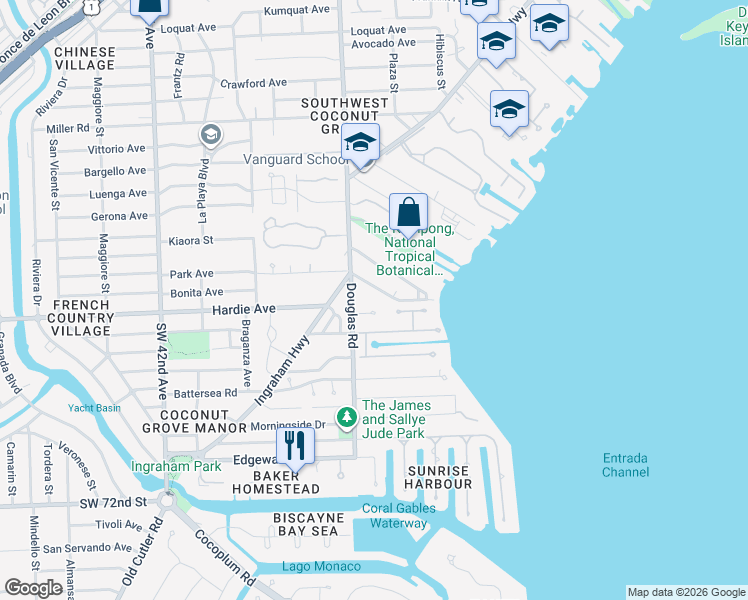 map of restaurants, bars, coffee shops, grocery stores, and more near 3650 Klebba Lane in Miami