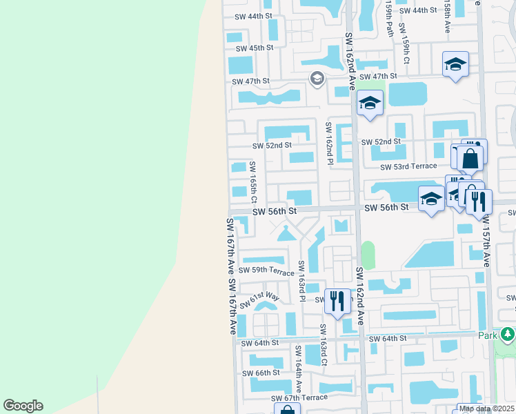 map of restaurants, bars, coffee shops, grocery stores, and more near 5565 Southwest 165th Court in Miami