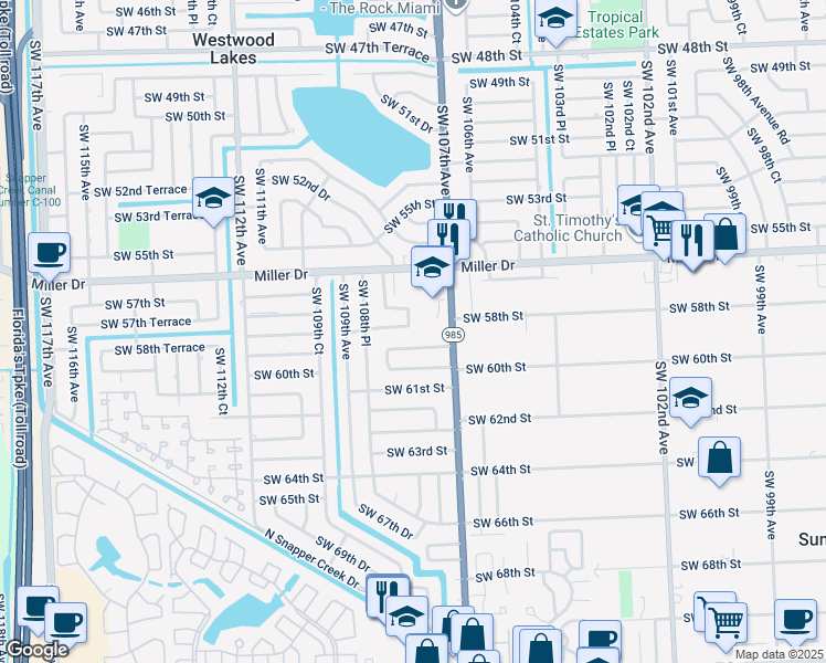 map of restaurants, bars, coffee shops, grocery stores, and more near 10780 Southwest 58th Terrace in Miami