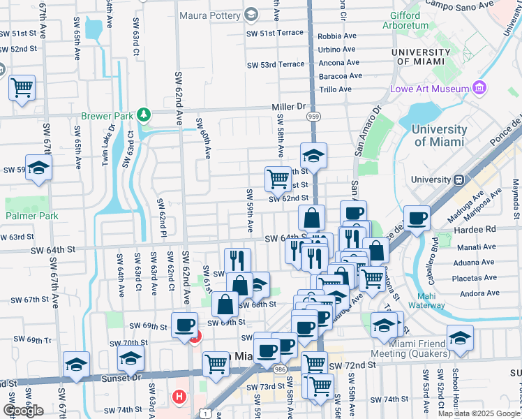 map of restaurants, bars, coffee shops, grocery stores, and more near 5875 Southwest 62nd Terrace in Miami