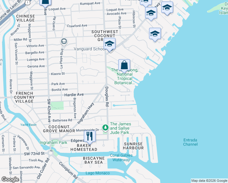 map of restaurants, bars, coffee shops, grocery stores, and more near 3650 Klebba Lane in Miami