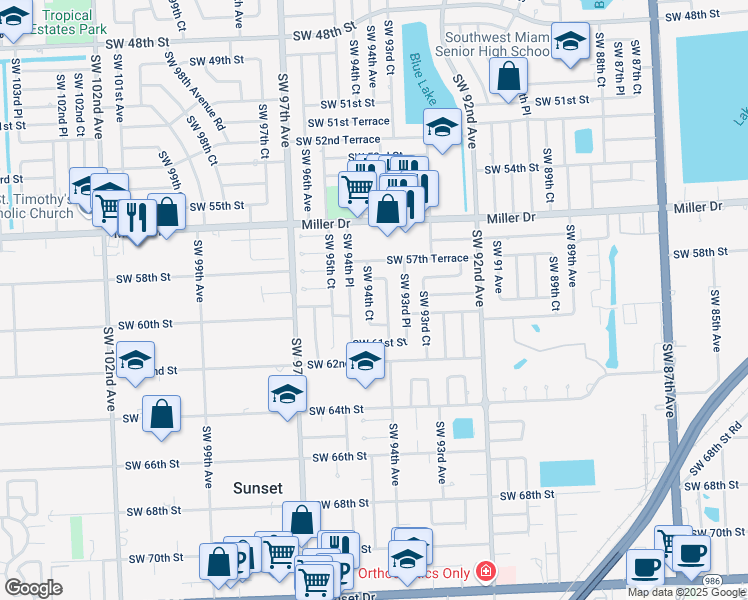 map of restaurants, bars, coffee shops, grocery stores, and more near 5911 Southwest 94th Court in Miami