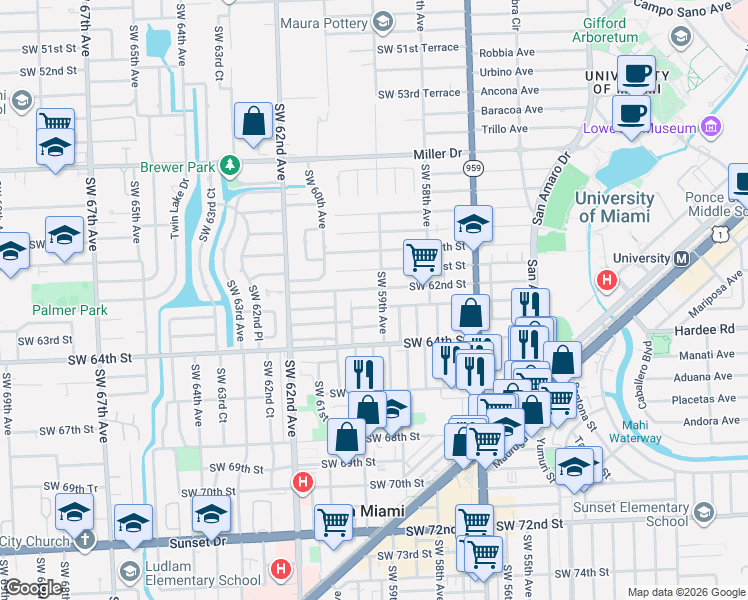 map of restaurants, bars, coffee shops, grocery stores, and more near 5928 Southwest 62nd Terrace in South Miami