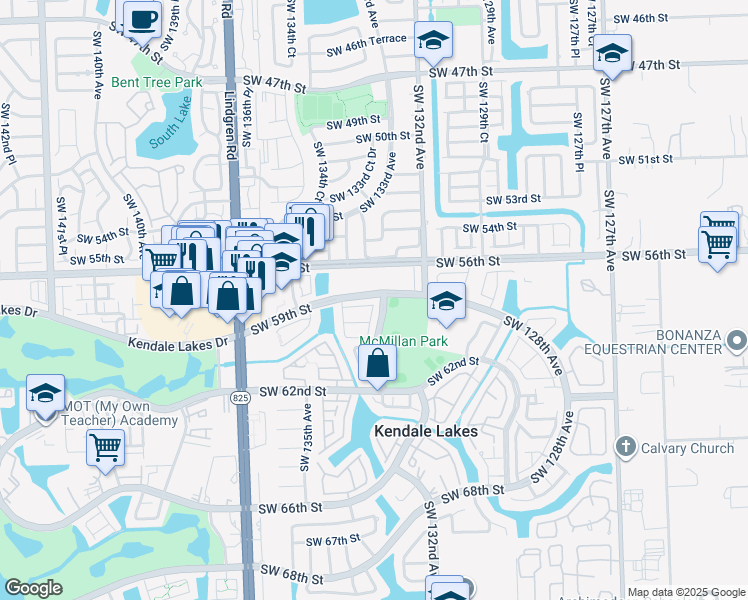 map of restaurants, bars, coffee shops, grocery stores, and more near 5909 Southwest 133rd Court in Miami