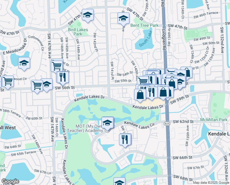 map of restaurants, bars, coffee shops, grocery stores, and more near 5661 Southwest 142nd Avenue in Miami