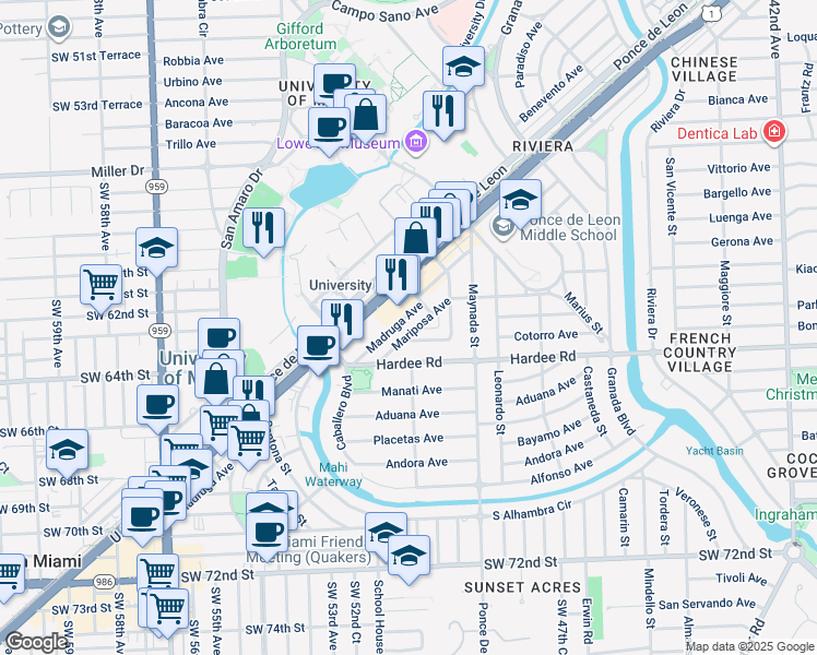 map of restaurants, bars, coffee shops, grocery stores, and more near 1127 Cotorro Avenue in Coral Gables