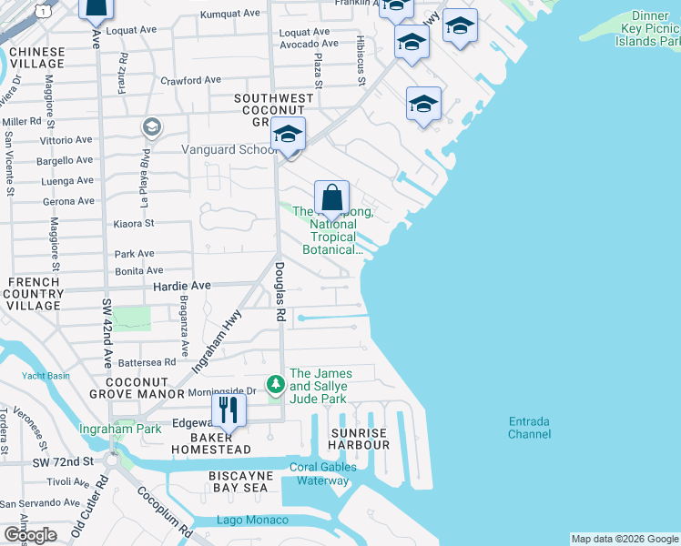 map of restaurants, bars, coffee shops, grocery stores, and more near 3535 Curtis Lane in Miami