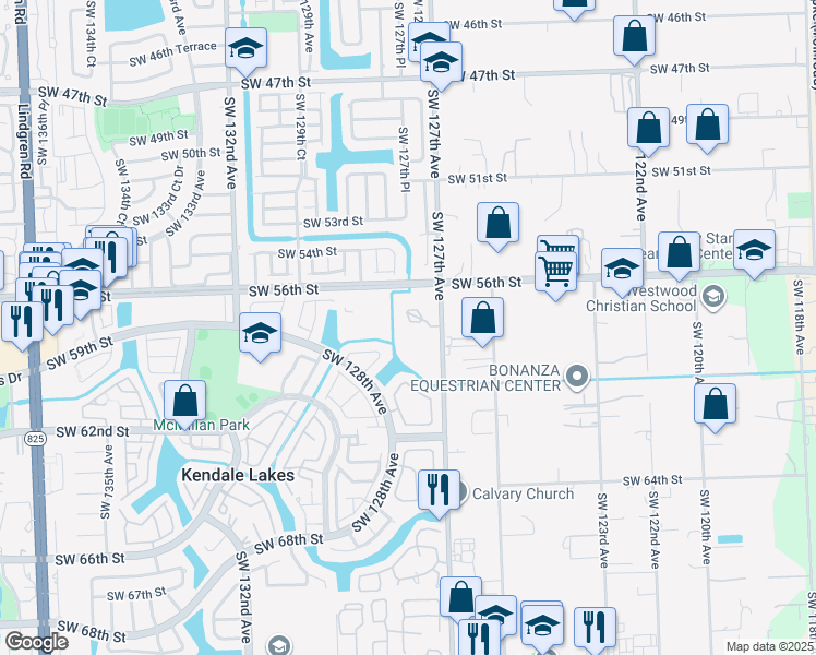 map of restaurants, bars, coffee shops, grocery stores, and more near 5900 Southwest 127th Avenue in Kendale Lakes