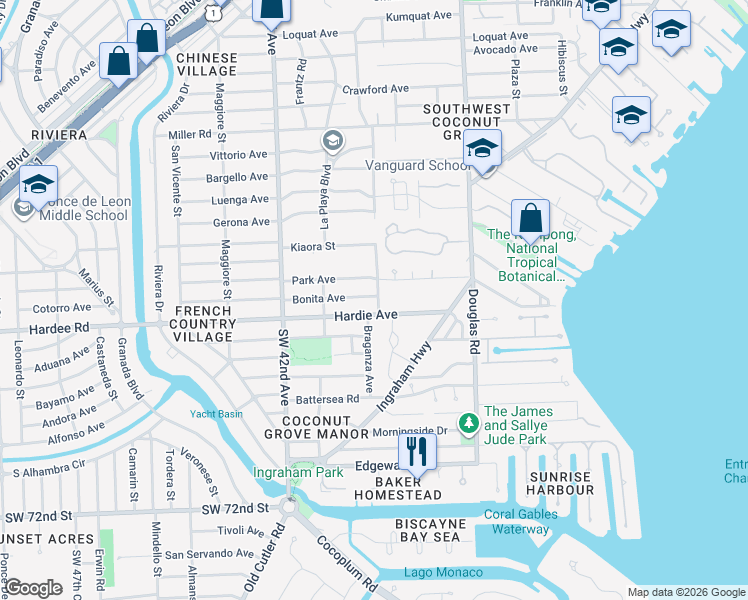 map of restaurants, bars, coffee shops, grocery stores, and more near 4011 Hardie Avenue in Miami