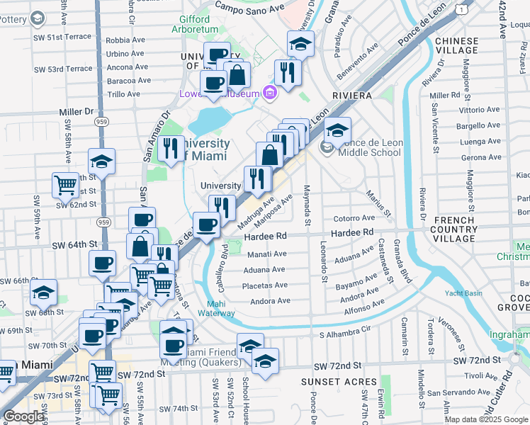 map of restaurants, bars, coffee shops, grocery stores, and more near 1127 Cotorro Avenue in Coral Gables