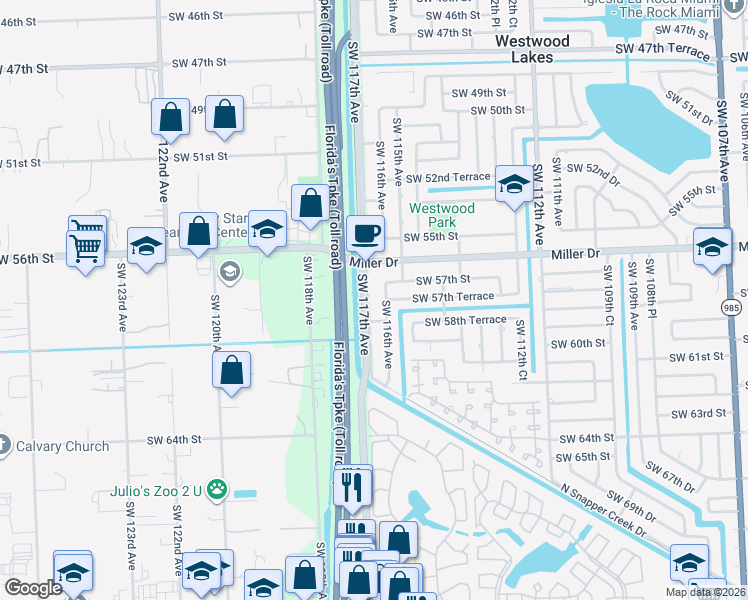 map of restaurants, bars, coffee shops, grocery stores, and more near 5755 Southwest 117th Avenue in Miami