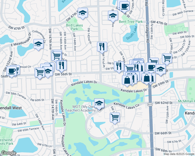 map of restaurants, bars, coffee shops, grocery stores, and more near 2 Southwest 57th Lane in Miami