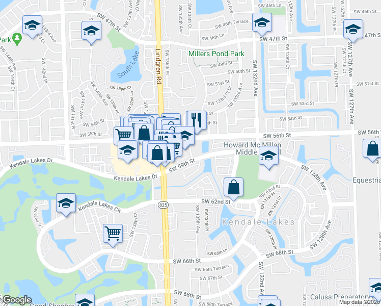map of restaurants, bars, coffee shops, grocery stores, and more near 5800 Southwest 135th Avenue in Miami
