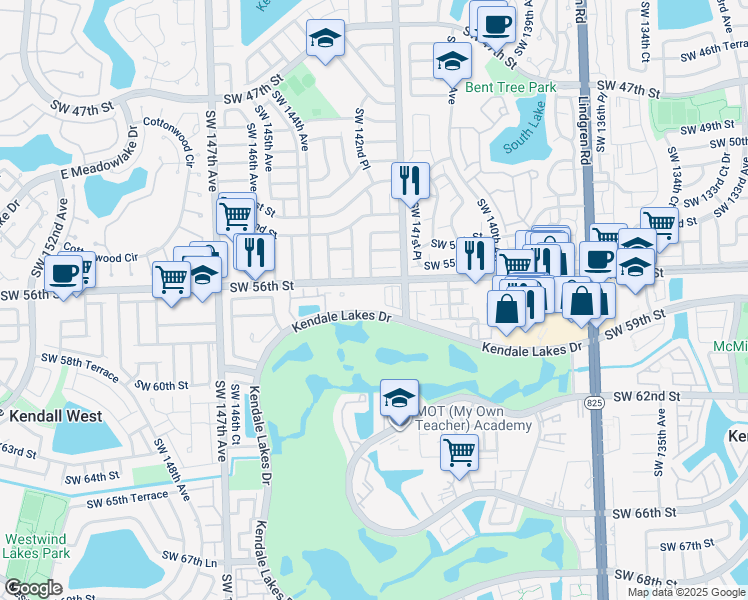 map of restaurants, bars, coffee shops, grocery stores, and more near 2 Southwest 57th Lane in Miami