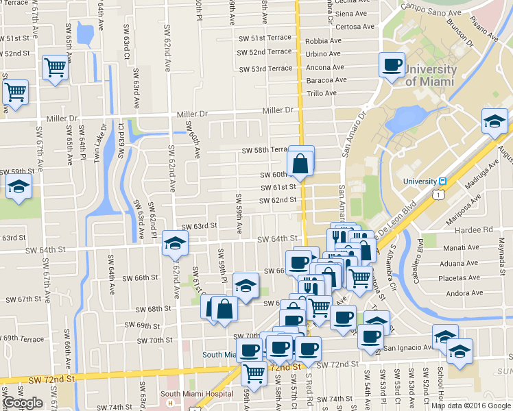 map of restaurants, bars, coffee shops, grocery stores, and more near 5875 Southwest 62nd Terrace in Miami