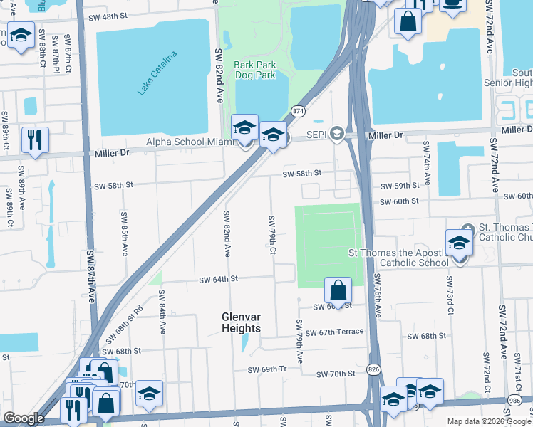 map of restaurants, bars, coffee shops, grocery stores, and more near 6051 Southwest 79th Court in Miami